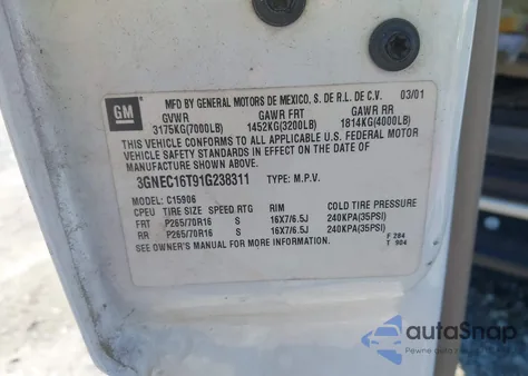 2001 Chevrolet Suburban 1500 Lt from USA, damaged, VIN 3GNEC16T91G238311